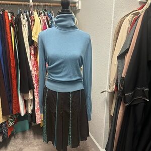 LOFT Black Pinstripe A-Line Skirt with Teal Trim